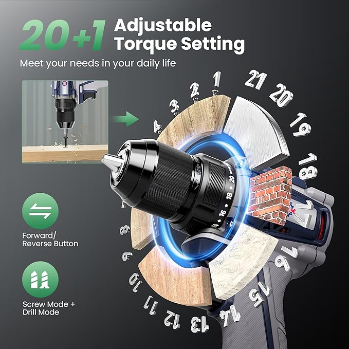 20V Cordless Drill Kit, 620 in-lbs Torque, 3/8" Keyless Chuck, Brushless Power Drill with 2.0Ah Battery and Charger, 2+1 Variable Speed, 20+1 Position Electric Drill Driver with LED, Belt Hook, Bag