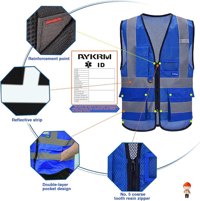 A-SAFETY High Visibility Mesh Safety Reflective Vest with Pockets and Zipper,Hi Viz Work Vest for Men Women (Blue Mesh XXL)
