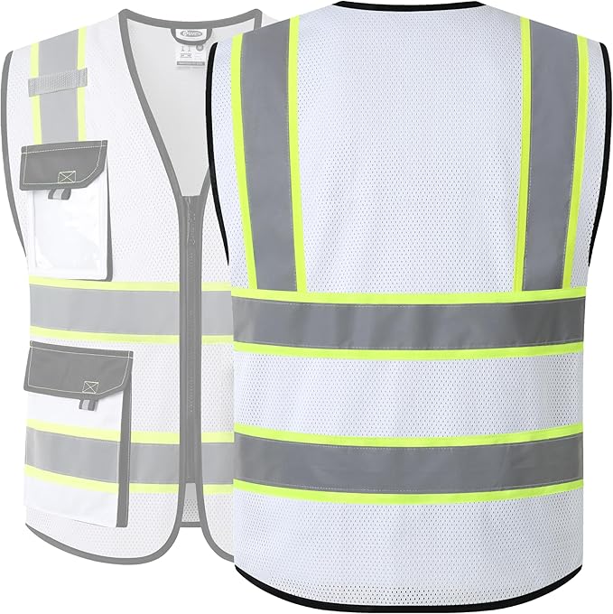 JKSafety Hi Vis Reflective Safety Vests for Men Women High Visibility Vest with Pockets Mesh Fabric Construction Safety Apparel Neon Vest for Work (220-White L)