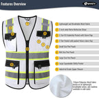 JKSafety Hi Vis Reflective Safety Vests for Men Women High Visibility Vest with Pockets Mesh Fabric Construction Safety Apparel Neon Vest for Work (220-White XXL)
