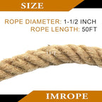 Natural Jute Rope, 1.5 Inch Diameter, 50 Ft Long, 4 Strand, DIY Arts & Crafts, Garden & Home Decor, Hammock & Tug of War Rope
