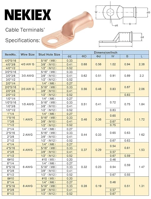 10PCS 4/0AWG - 3/8''Stud Heavy Duty Copper Terminals,Battery Cable Crimp Lugs,Battery Cable Ends,Bare Copper Eyelets Tubular Ring Terminals,Closed End Crimp Electric Connectors