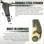 Ferro Rod Fire Starter – Carbon Steel Striker & Compass-Integrated Wooden Handle | Flint and Steel Survival Tool for Camping, Hiking, Emergency