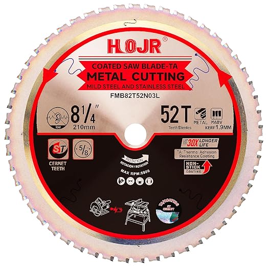 Metal Cutting Circular Saw Blade, Steel and Stainless Steel Cutting, The Cutting Head uses a Special Anti-Heat Sticking Coating with high Finish and Long Life, FMB 8-1/4 inch 52-Tooth 5/8" -TA