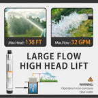 WASSERMANN 4" Septic Submersible Effluent/Cistern Bottom Suction Pump With 33FT Cable, 1/2HP, 230V/60HZ, 26GPM, 138FT Head, Stainless Steel Deep Well for Septic Tank Home