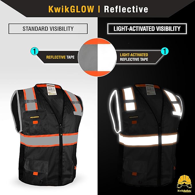 KwikSafety - Charlotte, NC - UNDERBOSS Safety Vest [11 POCKETS] Premium ANSI Class Unrated High Visibility Vest Construction Surveyor Reflective Vest Industrial Work Safety Vest for Men/Black Small
