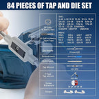 84pc Tap and Die Set in SAE & Metric Sizes, Standard Tap Set and Die Tool Set for Threading and Rethreading Internal and External Threads, M3-M12 Thread Repair Kit