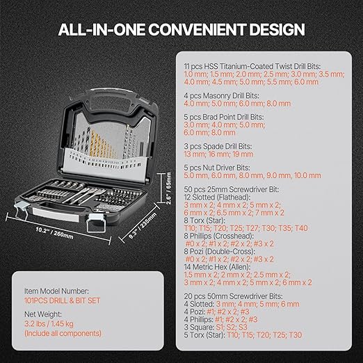 VEVOR Drill Bit Set, 101 Pieces Drill and Driver Bit Set, Screwdriver Bit Set Suitable for Wood Metal Cement Drilling and Screw Driving, Drill Bit Sets Combo Kit Assorted in Organized Carrying Case