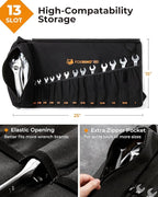 Wrench Roll, Wrench Roll Up Pouch, Gifts for Men Father Dad Mechanic, Heavy Duty Canvas Wrench Organizer Bag (Black, 13+1 SAE)