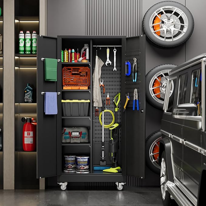 71" H Broom Closet Storage Cabinet with Wheels,Rolling Tool Cabinet with Lockable and Magnetic Doors,Adjustable Shelves and Pegboard for Garage Warehouse Home,Required Assembly,Black