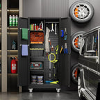 71" H Broom Closet Storage Cabinet with Wheels,Rolling Tool Cabinet with Lockable and Magnetic Doors,Adjustable Shelves and Pegboard for Garage Warehouse Home,Required Assembly,Black