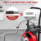 Auto Feed 100 FT x 3/8 Inch Drain Cleaner Machine with 250W Motor, Portable Sewer Snake Auger with 8 Cutters & Air-Activated Foot Switch, Fits 1" to 4" Pipes, Black & Red