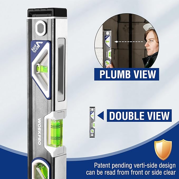 WORKPRO 10 Inch Torpedo Level, Small leveler tool with 3 Different Bubbles 45°/90°/180°, bubble level With Shock Absorbing End Caps, V-Groove for Conduit Bending, Silver/White/Blue