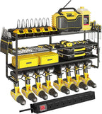 ‌Heavy Duty 4-Layer Power Tool Organizer Wall Mount with 8 Outlet Power Strip- Holds 8 Cordless Drills, 400lbs Capacity Metal Garage Storage Rack‌
