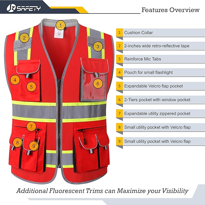 JKSafety 10 Pockets Hi-Vis Zipper Front Fluorescent Red Safety Vest | Cushioned Collar | High Reflective Tapes with Extended Neon Yellow Strips | Meets ANSI/ISEA Standards (Large, 89-Red)