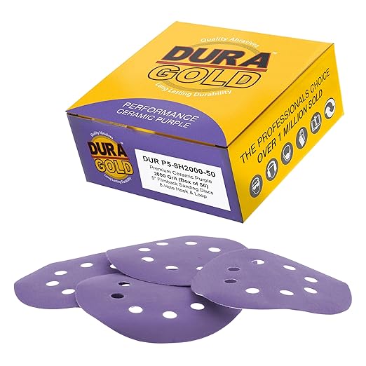 Dura-Gold Premium 2000 Grit 5" Purple Film Ceramic Sanding Discs, 8-Hole Pattern, Box of 50 - Dustless Hook & Loop Backing Sandpaper for DA & Random Orbital Sanders - Detail Color Sand Auto Paint Wood