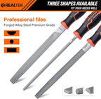 REALTEK 3-Piece Metal File Set, 12-inch Double Sided Steel Set, Includes Half-Round/Round/Flat Files, T12 Carbon Sharpening File, Professional Hand Files for Hard Metal Shaping