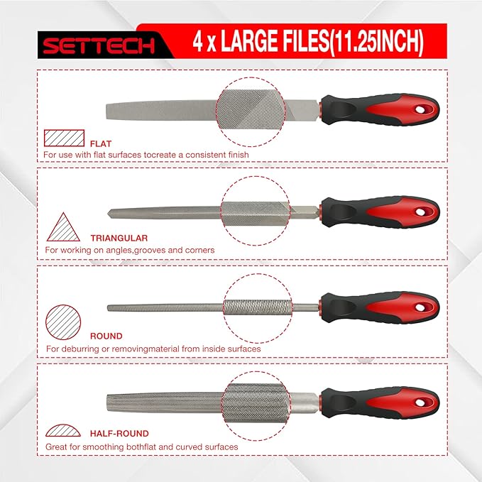 31PCS Metal & Wood File Rasp Set, Half-Round/Round/Triangle/Flat 4pcs Large Tools, 14pcs Needle Files and a Pair of Electric Files, 1PC Brush, 1PC Working Gloves and 10PCS Emery Papers