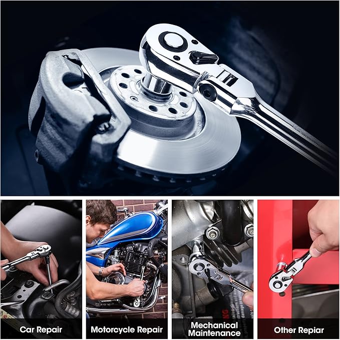 WORKPRO 1/4" Drive Flex Head Ratchet 72-Tooth Ratchet Flex Head with Chromium Plating Quick Release Reversible Design, 5 Degree Swing