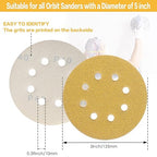 100PCS 5 Inch 8 Hole Sanding Discs 240 Grit,Gold Round Hook and Loop Sandpaper for Random Orbital Sander