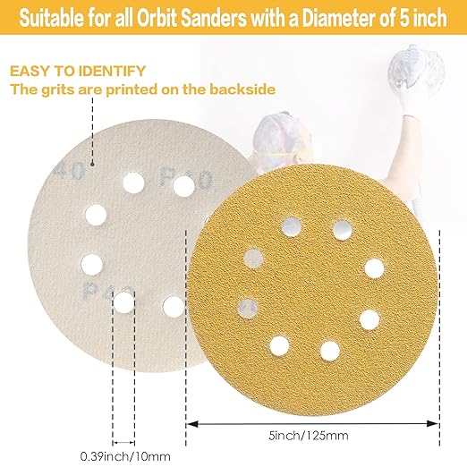 100PCS 5 Inch 8 Hole Sanding Discs 600 Grit,Gold Round Hook and Loop Sandpaper for Random Orbital Sander