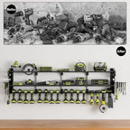 64" Power Tool Organizer Wall Mount, 16 Slots, 3-Tier Drill & Cordless Tool Storage Holder with Pegboard Sides, Tool Wall Organizer for Garage & Workshop Black