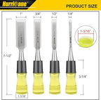 HURRICANE 4 Piece Wood Chisel Set for Woodworking. CR-V Steel Beveled Edge Blades with Safety Caps. Extra Large Grip, Impact-Resistant PVC Handle Chisels (1/4", 1/2", 3/4", 1")