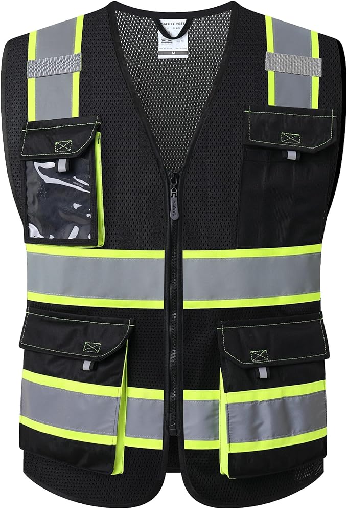 JKSafety Hi Vis Reflective Safety Vests for Men Women High Visibility Vest with Pockets Mesh Fabric Construction Safety Apparel Neon Vest for Work (220-Black 5XL)