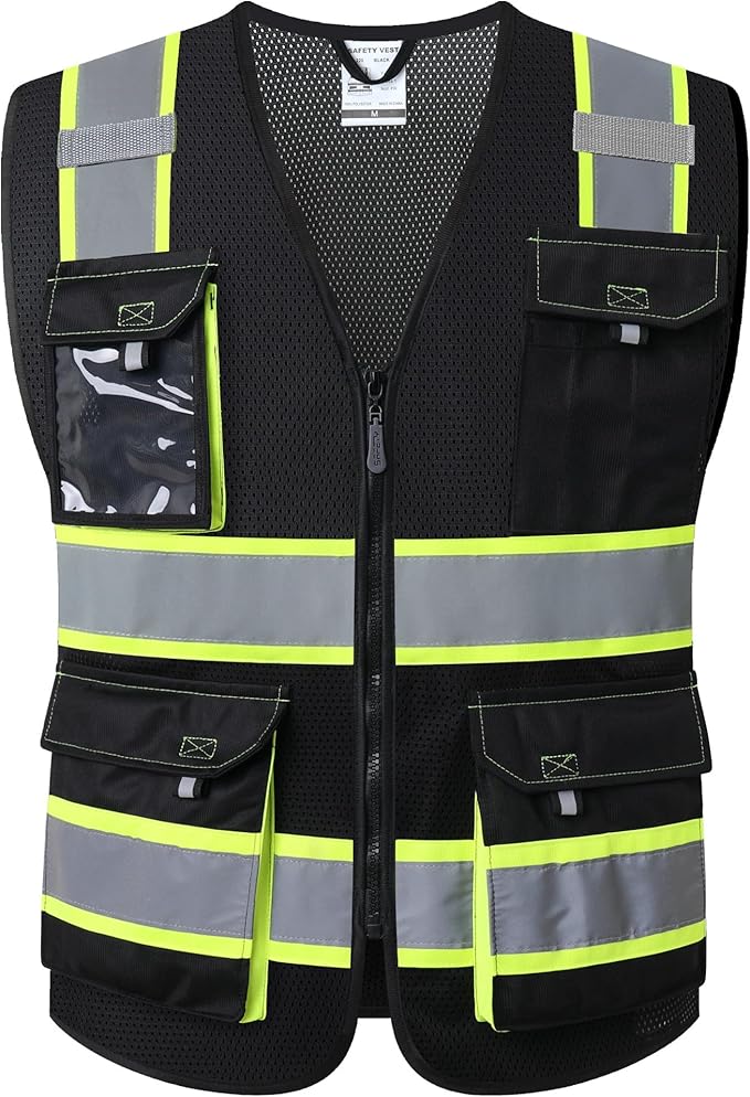 JKSafety Hi Vis Reflective Safety Vests for Men Women High Visibility Vest with Pockets Mesh Fabric Construction Safety Apparel Neon Vest for Work (220-Black M)