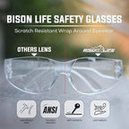 BISON LIFE Safety Glasses - Scratch Resistant Wrap Around Eyewear, Polycarbonate ANSI Z87.1 Impact Resistant Lens