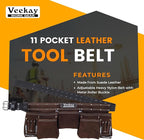 VEEKAY Brown Leather Tool Belt 11 Pocket Suede with 2-Inch Wide Nylon Belt & Pouch, Fits 32" to 50" Waist – Durable for Construction, Carpenters, and Framers