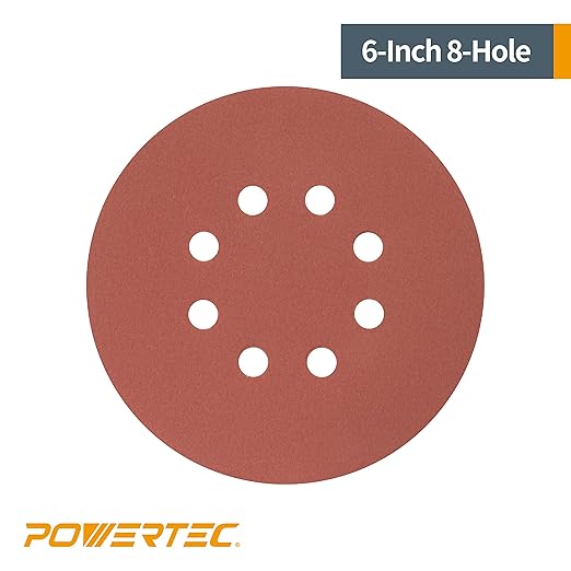 POWERTEC 45132, 6" x 8 Holes, 320 Grit, A/O Hook & Loop Sanding Disc, 25PK