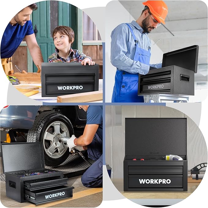 WORKPRO 15 Inch Metal Tool Box with 2 Drawers & 1 Top Storage, Heavy Duty Portable Tool Box with Handle for Garage, Office and Home, Up To 85 LBS Load Capacity