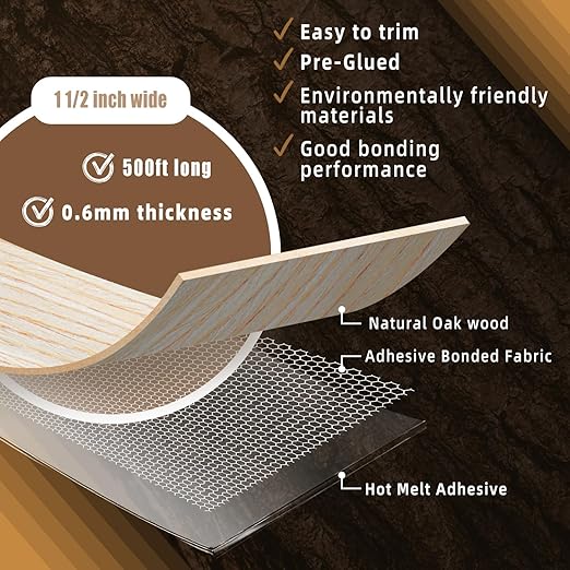 GSCIT Club Oak Edge Banding, 1 1/2 inch x 500ft roll of Veneer Edge Banding Preglued Flexible, Wood Tape Banding for Repair Furniture