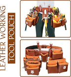Leather Tool Belt with Adjustable Hook - Premium Heavy Duty Tool Belts for Men with 22 Multi-Purpose Pocket Tool Pouch (Maroon, Standard), RG-004