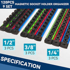 Magnetic Socket Holder Organizer Set - 9-Piece Detachable Trays for 1/4", 3/8", 1/2" Sockets, 120-Piece Toolbox Drawer Organizer, Aluminum Alloy Garage Storage for Mechanics & DIY (Red/Blue/Green)