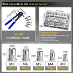 Pressure Rivet Nut Tool Kit, 430Pcs Metric Rivet Nut Combination (M8/M6/M5/M4/M3), Suitable for Furniture, Decoration, Automotive, Marine and Industrial Applications