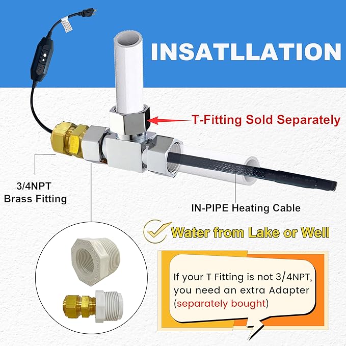 MAXKOSKO in Line Heating Cable Prevents Water Supply from Freezing, CSA Certified Safe for Drinking Water Pipe, 120V 10Ft