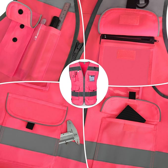 TCCFCCT Reflective Safety Vest 9 Pockets High Visibility Vest for Men Women, Hi Vis Reflective Work Vest for Safety, Meets ANSI/ISEA Standards, (Pink, XX-Large)