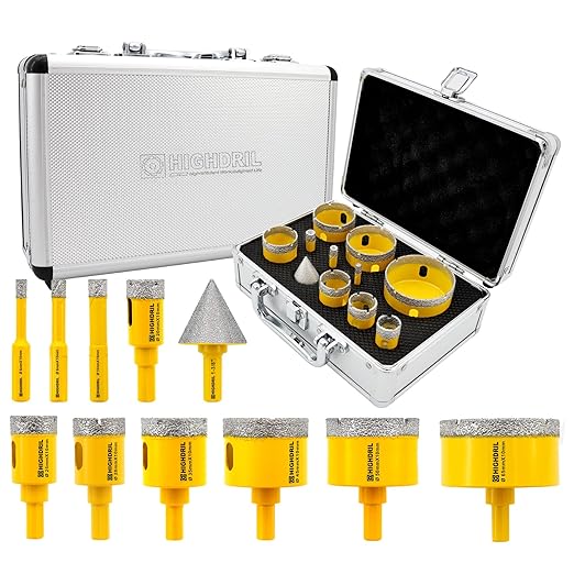 HIGHDRIL Diamond Drill Bits Kit with Triangle Shank for Porcelain Tile Ceramic Marble Brick Concrete Vacuum Brazed Hole Saw(6/8/10/20/25/28/35/45/50/65mm+35mm Hex Shank Chamfer Beveling Bit