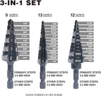 M2 HSS Quick Change 1/2", 3/4" & 7/8" Step Drill Bit Set Double Fluted Drill Bits for Hole Drilling in Stainless Steel, Copper, Aluminum, Wood, Plastic