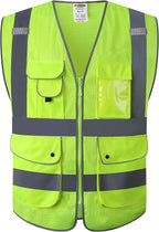 JKSafety 9 Pockets High Visibility Safety Vest for Men and Women, Hi-Vis Reflective Yellow Safety Vests with Zipper Front, Meet ANSI/ISEA Class 2 Type R(159-Yellow XL)