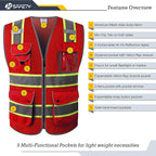 JKSafety 9 Pockets Hi-Vis Neon Red Zipper Front MESH Safety Vest with Fluorescent Yellow Extend Edge outlining the Reflective Tapes Meet ANSI/ISEA Class 2 Standard (100-Red, 5X-Large)