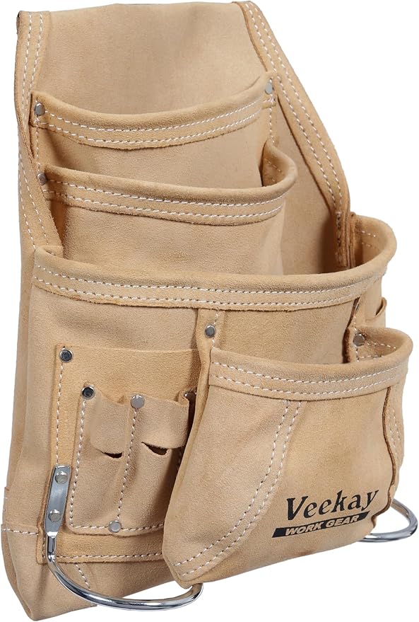VEEKAY 10 Pockets Men Suede Leather Tool Pouch Beige and Brown Color Bags Fastener Carpenter's Nail & Tool Bag Heavy Duty Steel Hammer Loop, Belt Loop for Electrician Technician Installers