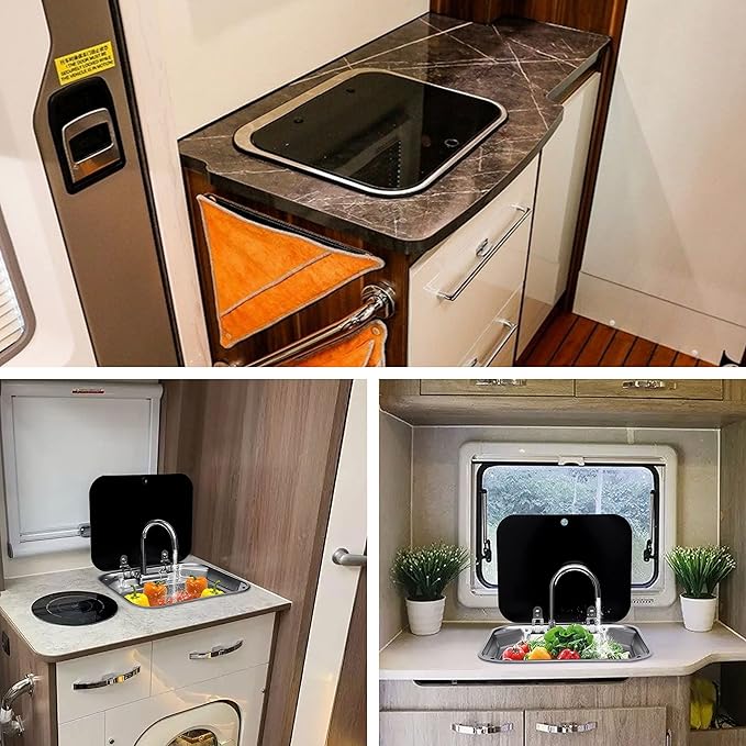 Folding RV Sink & Faucet Combo W/Lid, Bar Kitchen Sink 15 x 17 In Undermount Drop-in Sinks 304 Stainless Steel Single Bowl Workstation Sink Caravan Camper Van Boat Trailer Sink Hand Wash Basin
