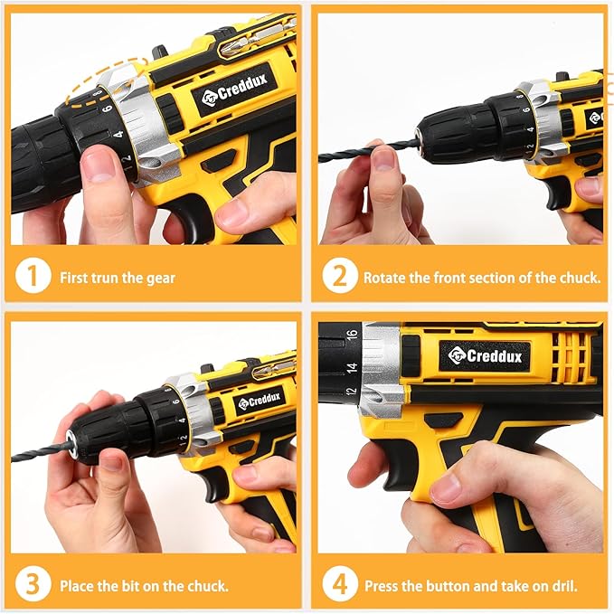 Cordless Drill Set Creddux Power Drill Cordless Sets Variable Speed, Electric Drills 18+1 Torque Setting, Built-In Led Light, Level and 2 Driver Bits Z Set-Y