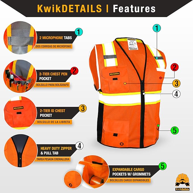 KwikSafety - Charlotte, NC - BIG KAHUNA Safety Vest [11 Pockets] Class 2 ANSI OSHA Reflective Vest Durable High Visibility Vest Construction Safety Vest for Men Industrial Work Gear/Orange Small