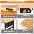 60" Adjustable Workbench for Garage, Rubber Wood Shop Table W/Wheels & Double Pegboards & Drawer, 2000 LBS Load Capacity Hardwood Worktable for Workshop, Garage, Office, Home, Commercial