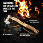 Viking Axe with Gift Viking Knife Also Leather Sheaths, Carbon Steel, Carved Wooden Handle, Bearded Heaven Hatchet for Camping, Throwing, Survival, Splitting, Felling, Chopping, Hiking (Axe - 02)