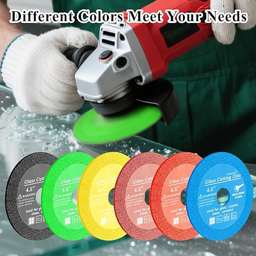 Lamoutor 6Pcs 4.5 Inch Glass Cutting Disc for Angle Grinder, Diamond Saw Blade, Tile Cutter Blade for Cutting Marble Glass Tile Jade Crystal（Green/Blue/Yellow/Black/Red/Orange）